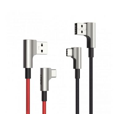 AUKEY 鋅合金 USB-A to Type-C L型彎頭快充傳輸線 2M (黑+紅)